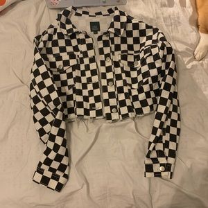 Checkers print cropped jean jacket!!